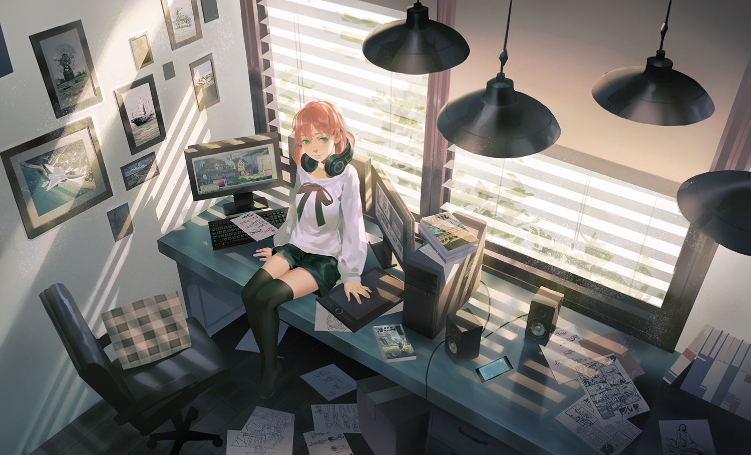 book, computer, green_eyes, headphones, original, paper, sawana, scenic, short_hair, shorts, thighhighs