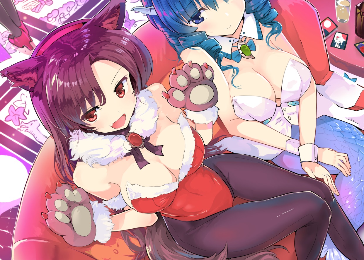 2girls, animal_ears, blue_eyes, blue_hair, breasts, cleavage, fang, gloves