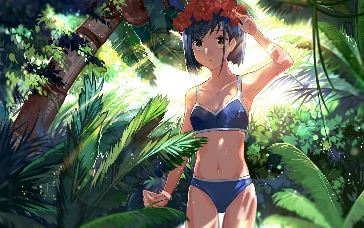 bikini, darling_in_the_franxx, forest, green, headdress, ichigo_(darling_in_the_franxx), navel, shade, swimsuit, tree, wristwear, wu_se_bu_hui_(940164887)