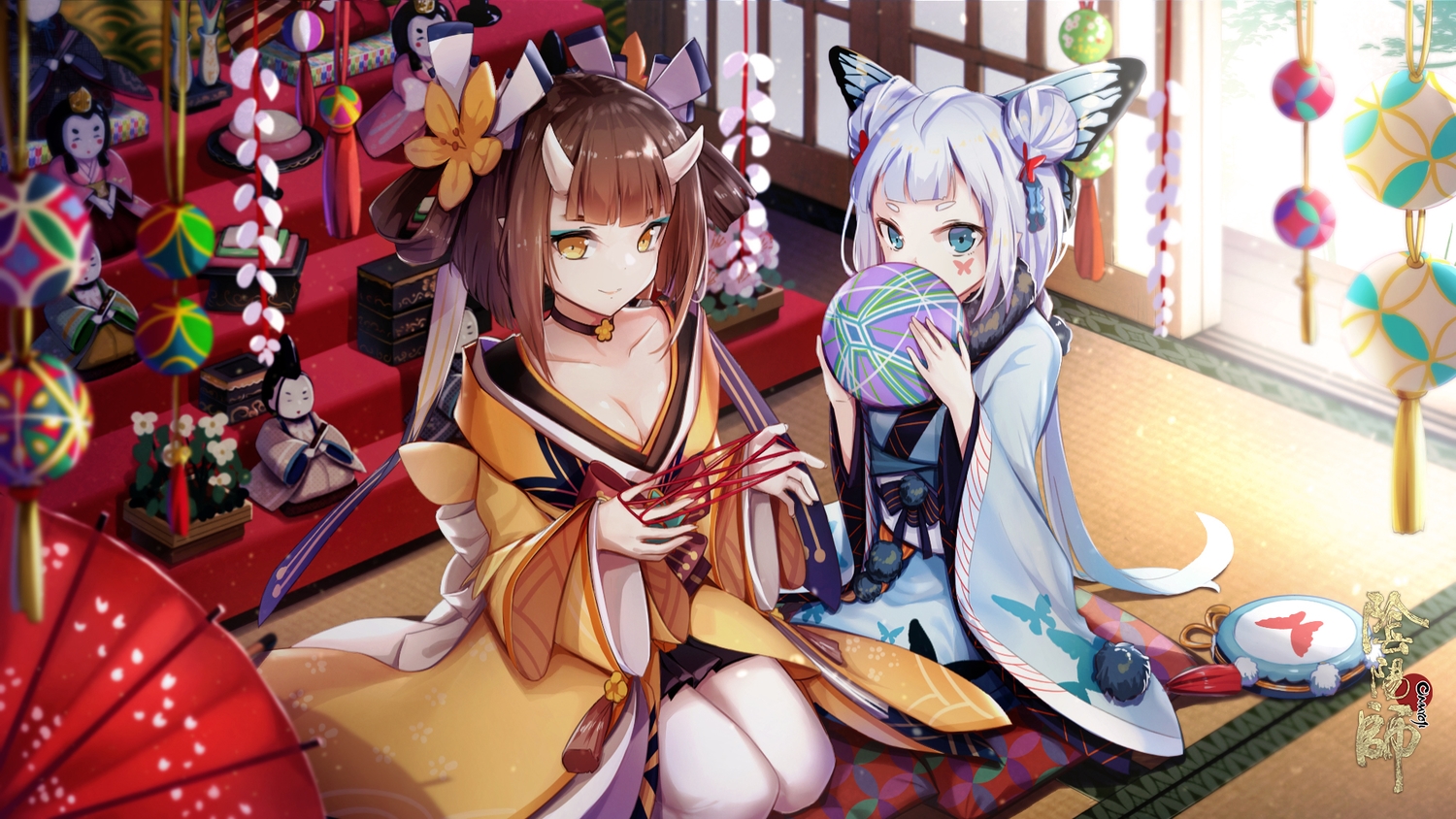 2girls, ball, blue_eyes, breasts, brown_hair, choker, cleavage, demon