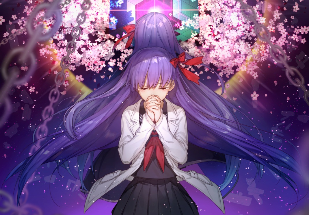 bow, chain, cherry_blossoms, chokoan_(tyokoa5659), fate/extra, fate/extra_ccc, fate_(series), flowers, long_hair, matou_sakura, petals, purple_hair, school_uniform, skirt