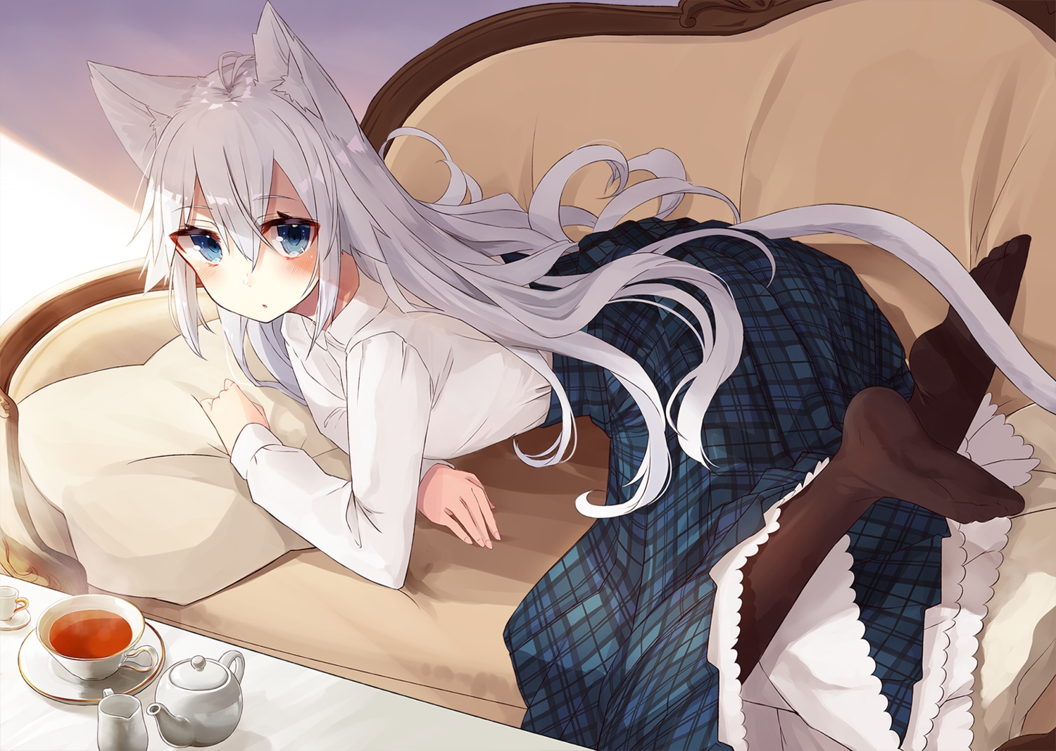 animal_ears, blue_eyes, catgirl, couch, drink, long_hair, nuko_miruku, original, shirt, skirt, stockings, tail, white_hair