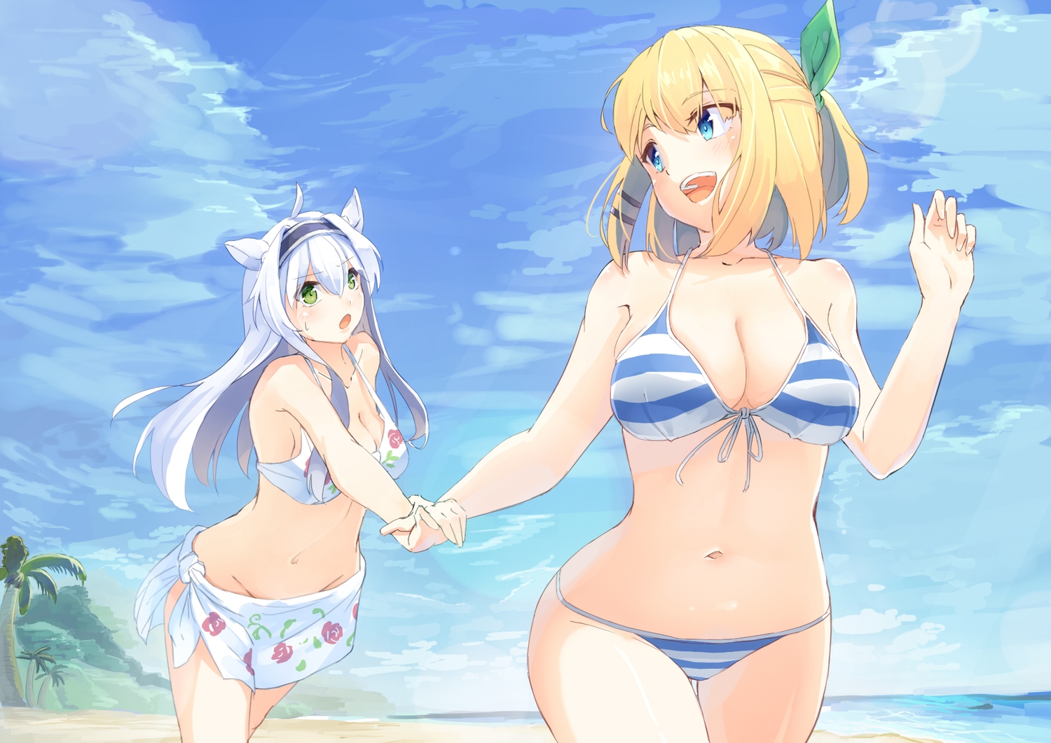 2girls, animal_ears, aqua_eyes, beach, bikini, blonde_hair, breasts, cleavage