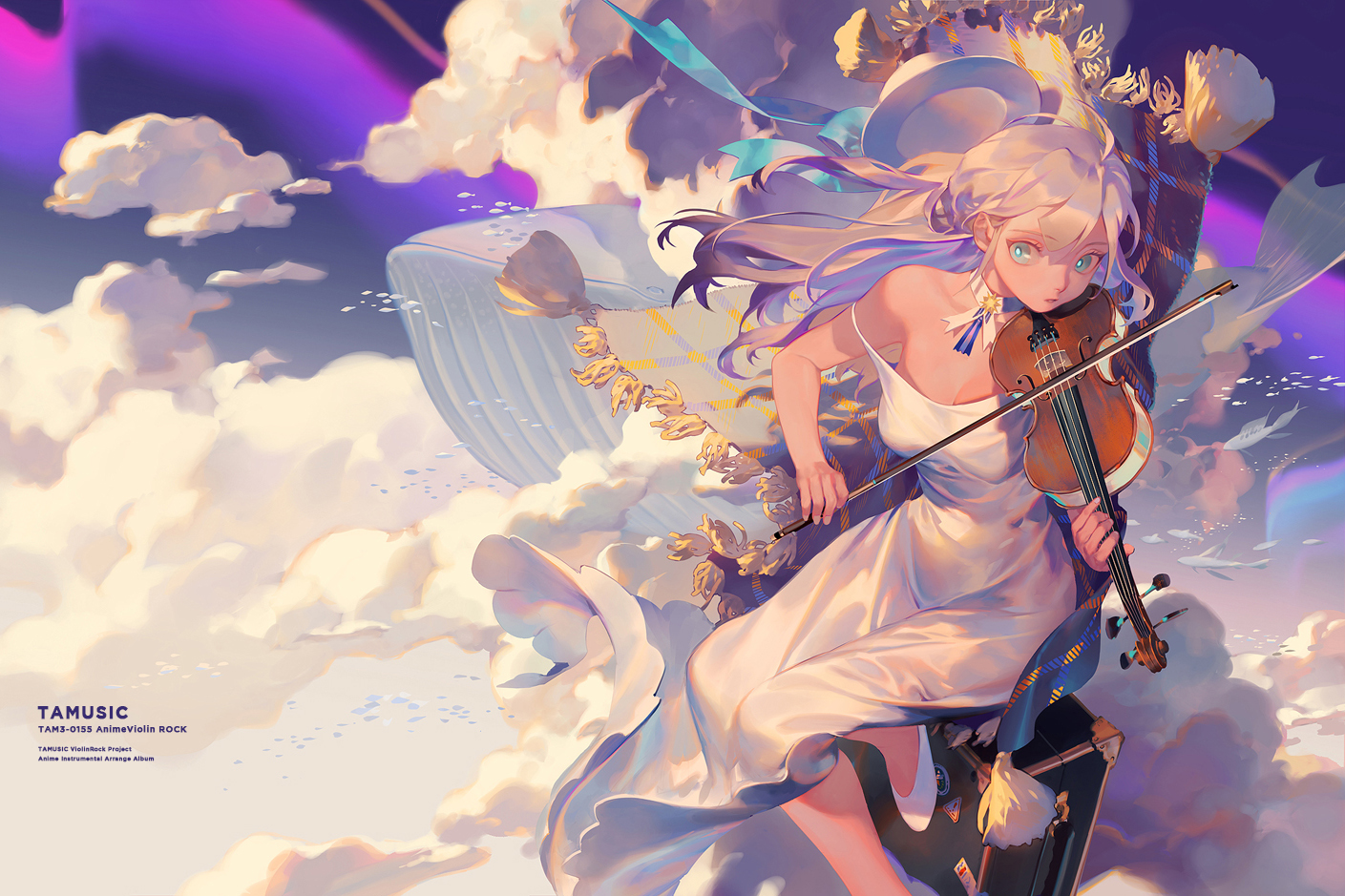 animal, aqua_eyes, breasts, choker, cleavage, clouds, dress, fish