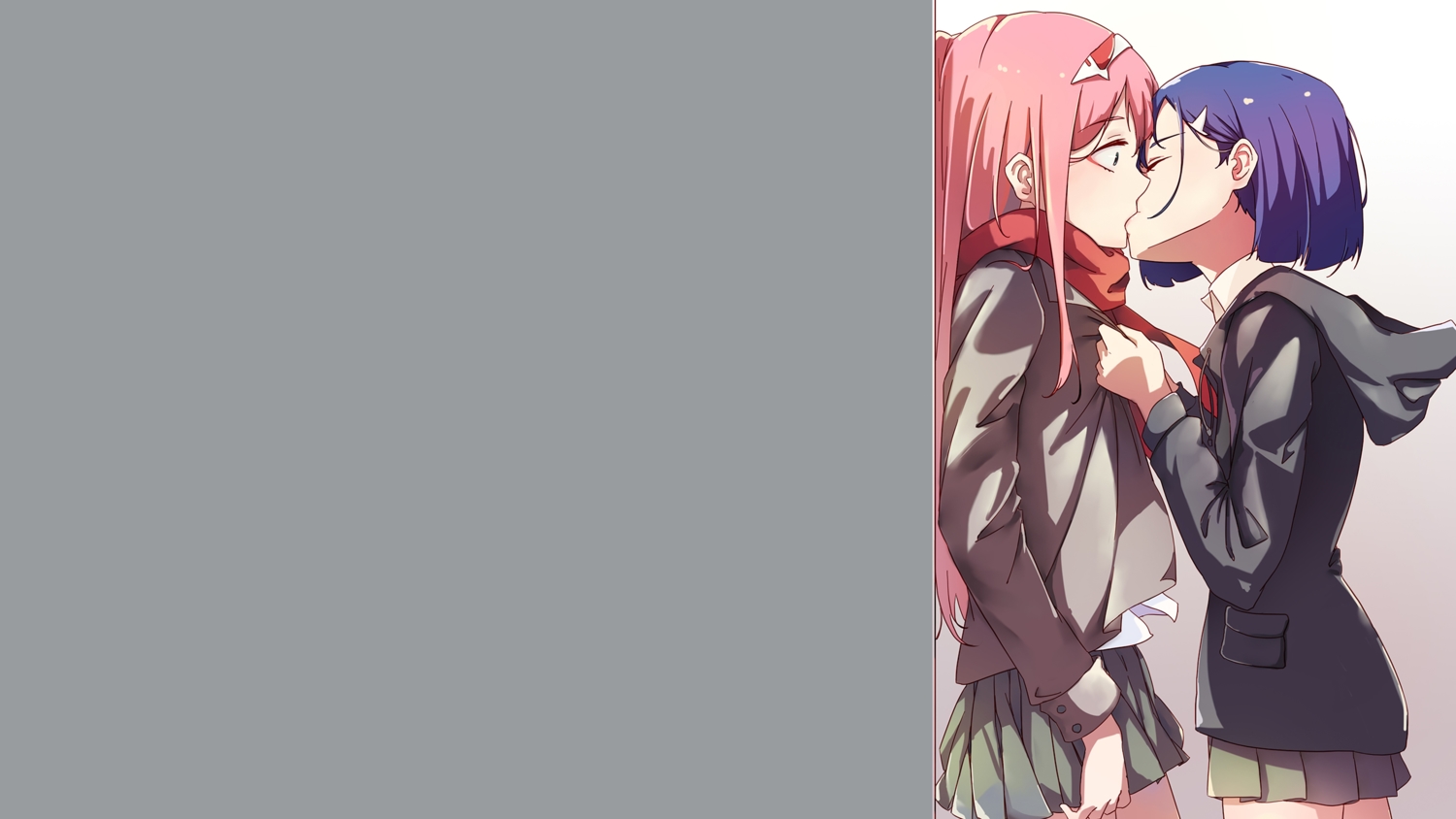 2girls, blue_hair, darling_in_the_franxx, gray, green_eyes, headband, horns, ichigo_(darling_in_the_franxx), kiss, long_hair, pink_hair, scarf, school_uniform, short_hair, shoujo_ai, skirt, tagme_(artist), zero_two