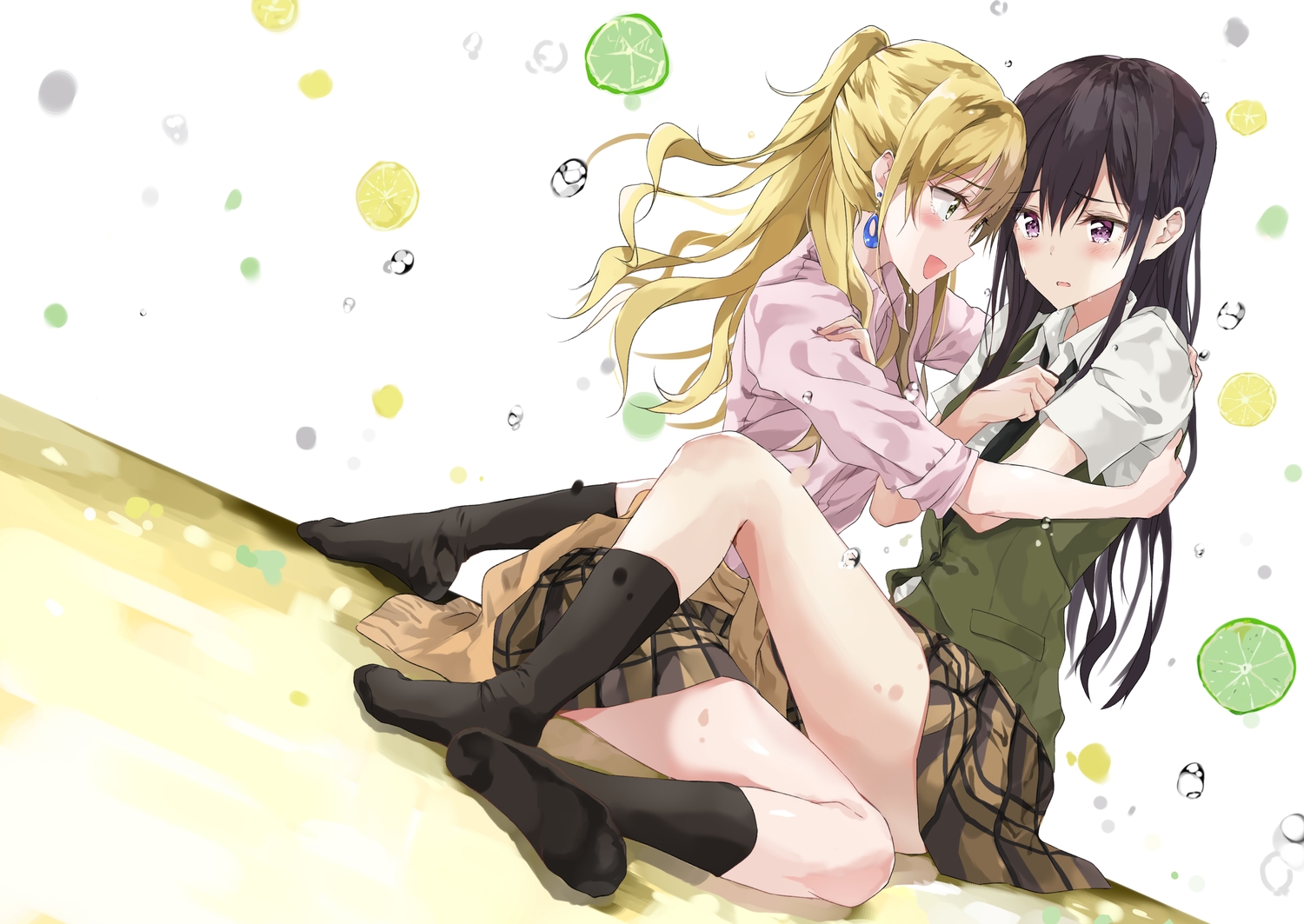 2girls, aihara_mei, aihara_yuzu_(citrus), black_hair, blonde_hair, blush, bubbles, citrus_(saburouta)