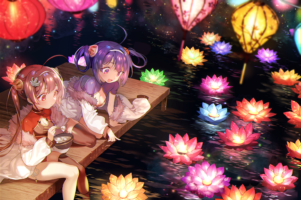 2girls, anthropomorphism, azur_lane, breasts, chinese_clothes, chinese_dress, cleavage, dress, flowers, food, long_hair, ning_hai_(azur_lane), ping_hai_(azur_lane), pink_eyes, pink_hair, purple_eyes, purple_hair, thighhighs, twintails, water, zuizi