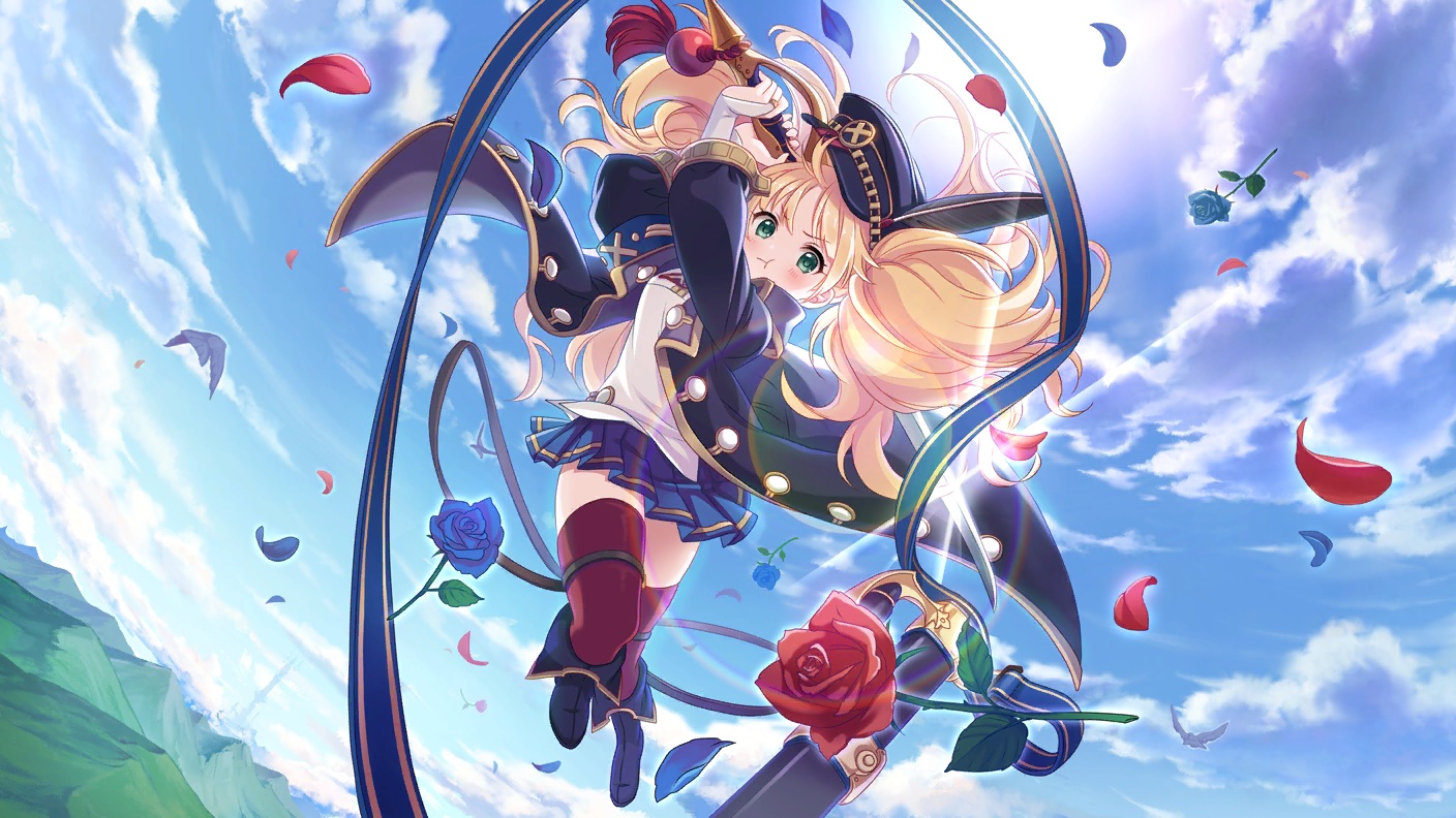 blonde_hair, blush, boots, clouds, flowers, green_eyes, hat, long_hair, monica_weisswind, petals, princess_connect!, ribbons, rose, skirt, sky, sword, tagme_(artist), thighhighs, twintails, weapon