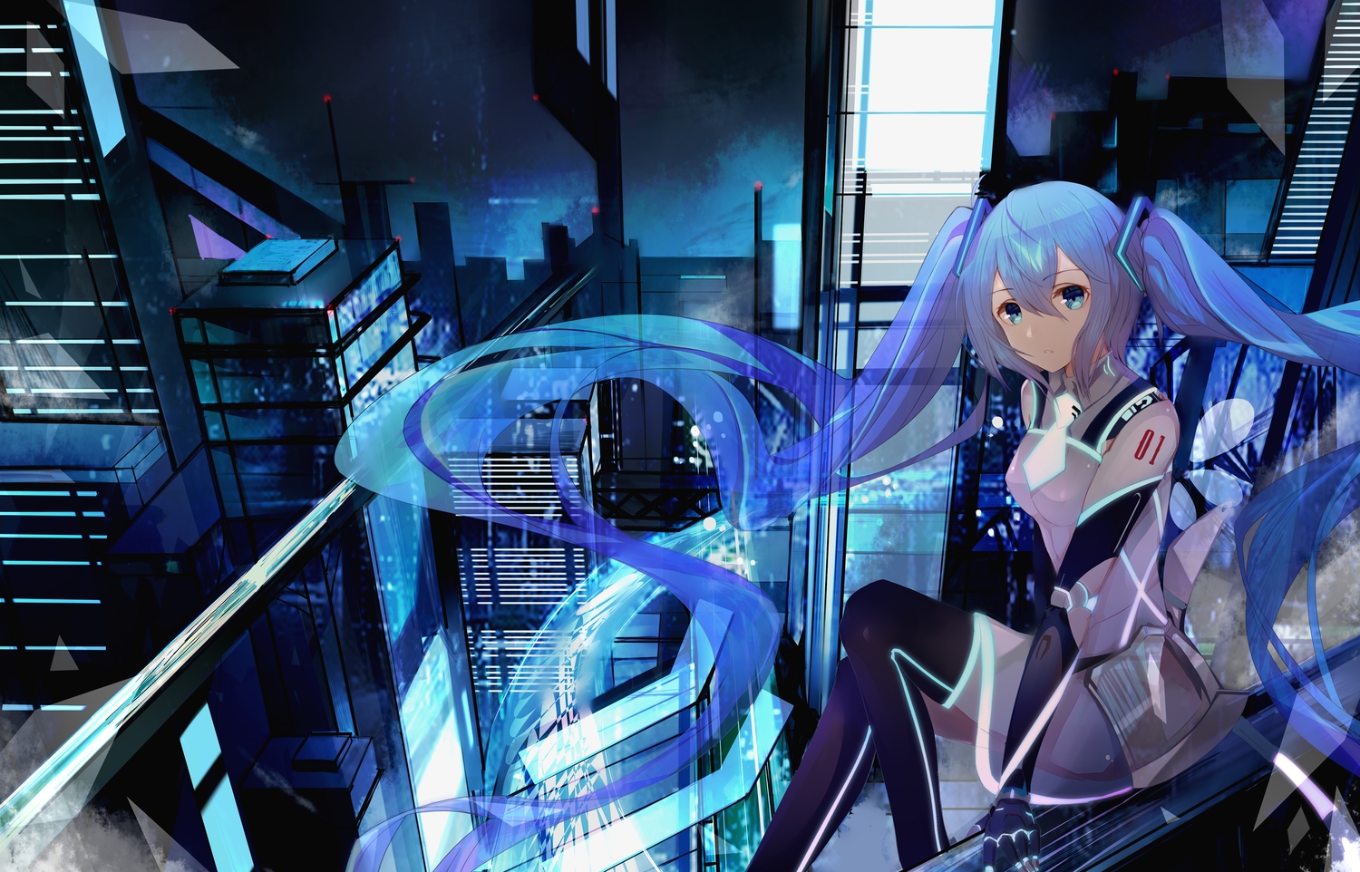 aqua_eyes, aqua_hair, bodysuit, building, city, dress, elbow_gloves, gloves