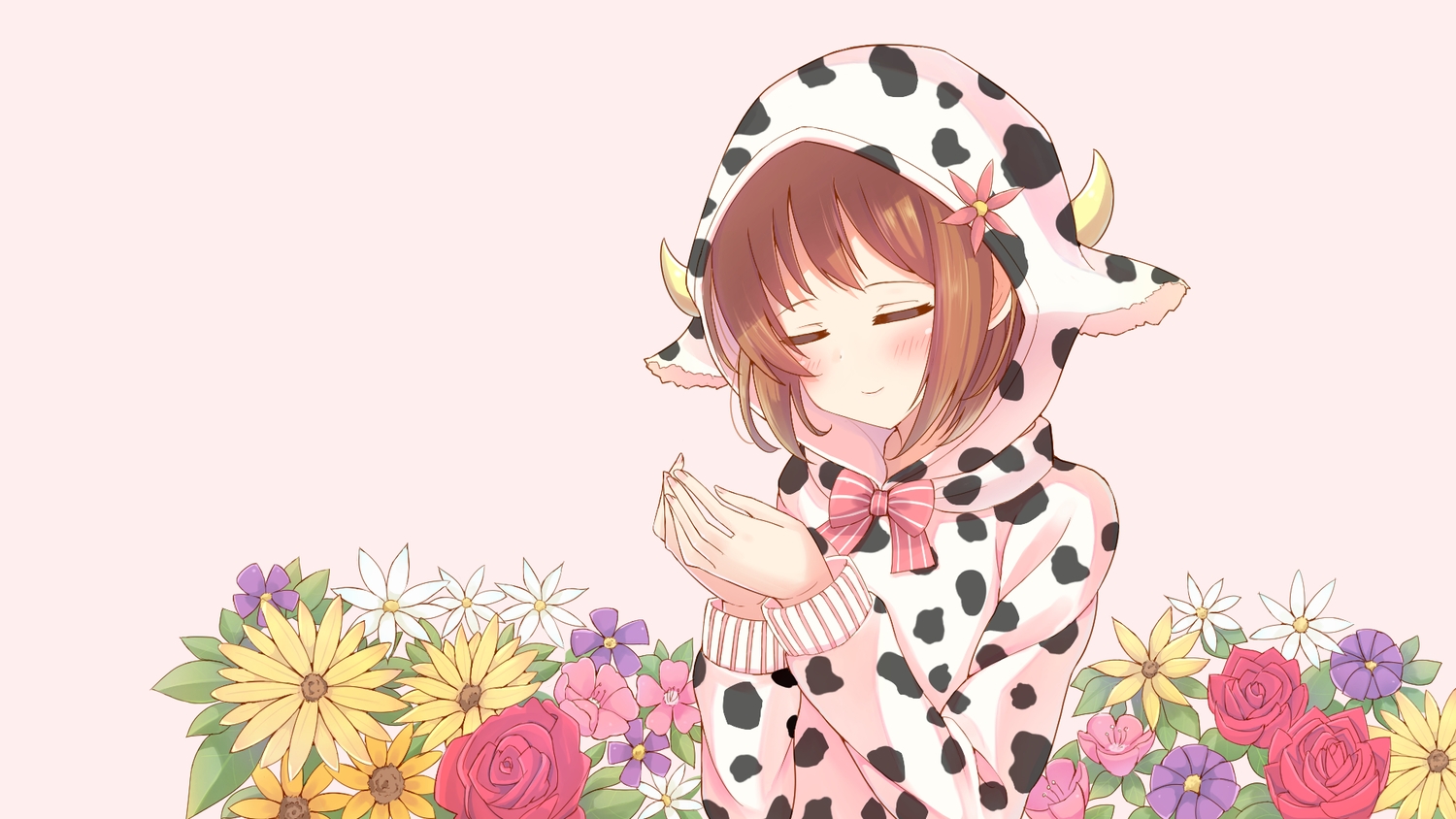 aliasing, blush, bow, brown_hair, flowers, hood, makiaato, original