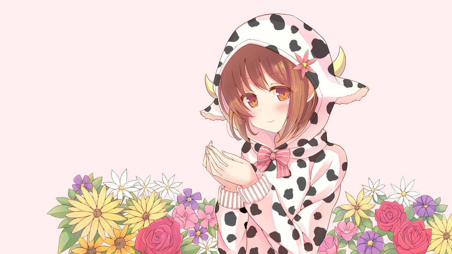 aliasing, blush, bow, brown_eyes, brown_hair, flowers, hood, makiaato