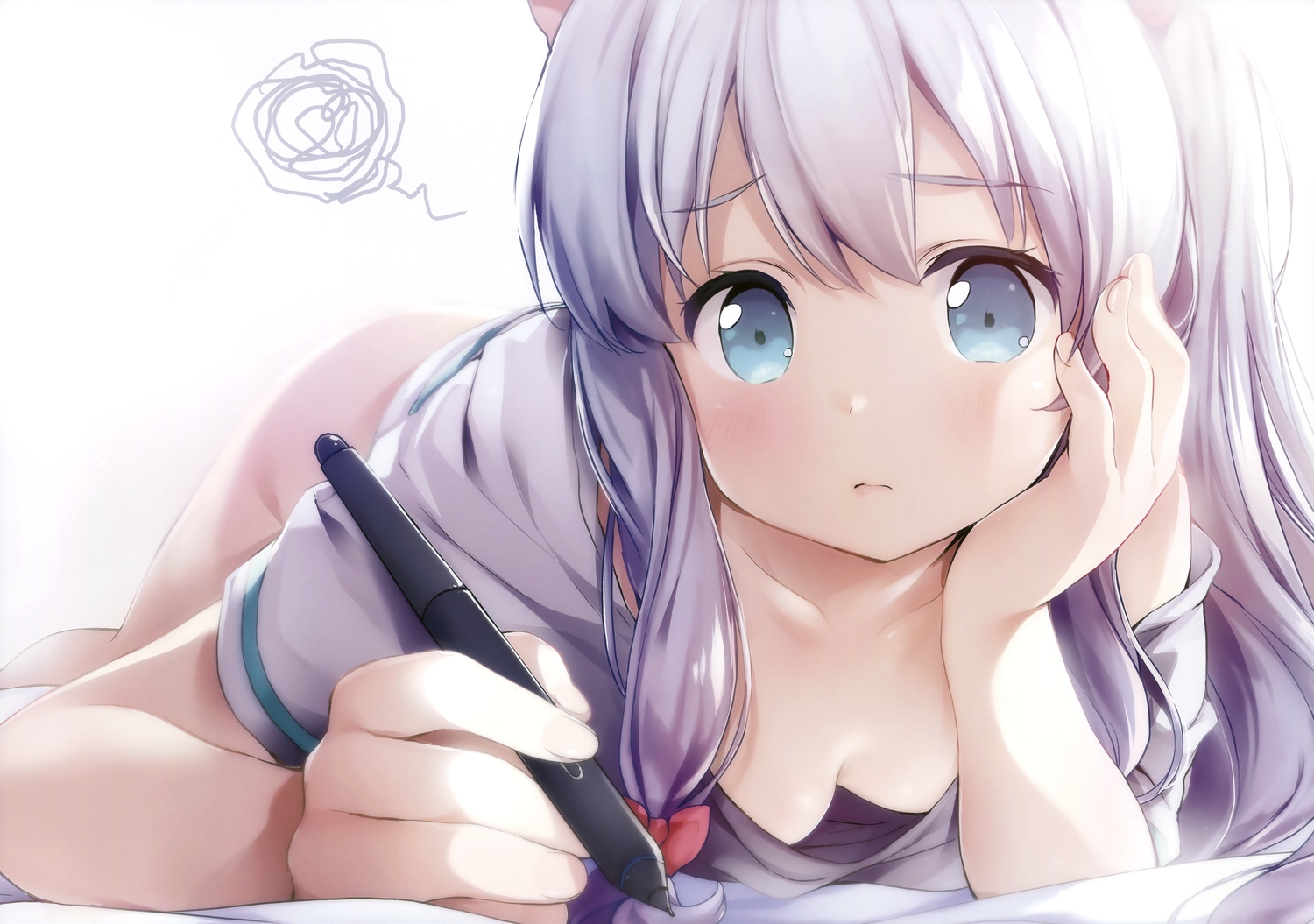 aqua_eyes, bottomless, breasts, chiyingzai, eromanga-sensei, gray_hair, izumi_sagiri, loli, long_hair, no_bra, scan