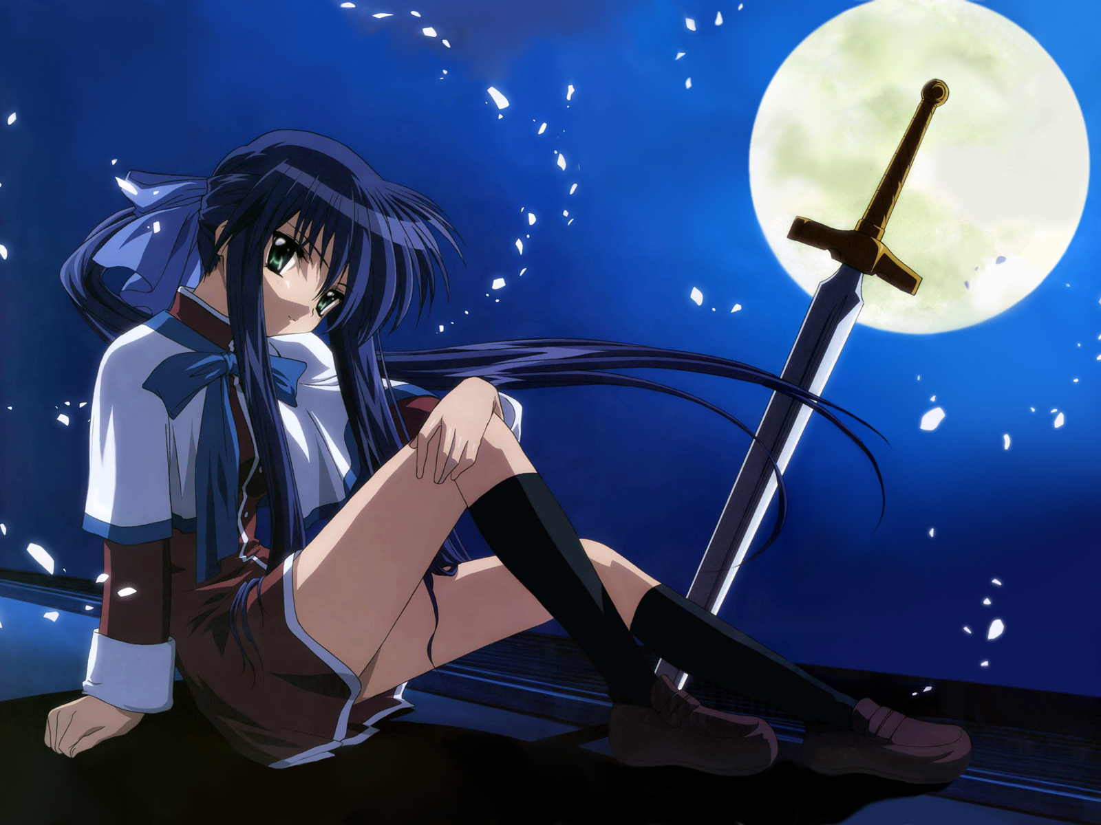 kanon, kawasumi_mai, moon, night, sword, weapon