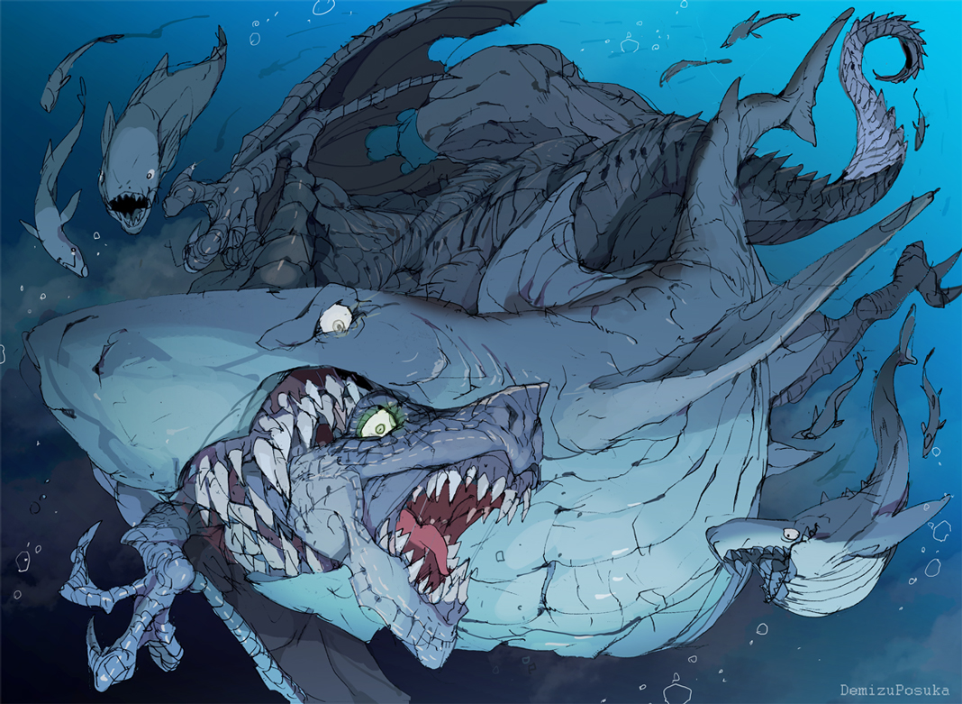 animal, bubbles, demizu_posuka, dragon, fish, original, underwater, water