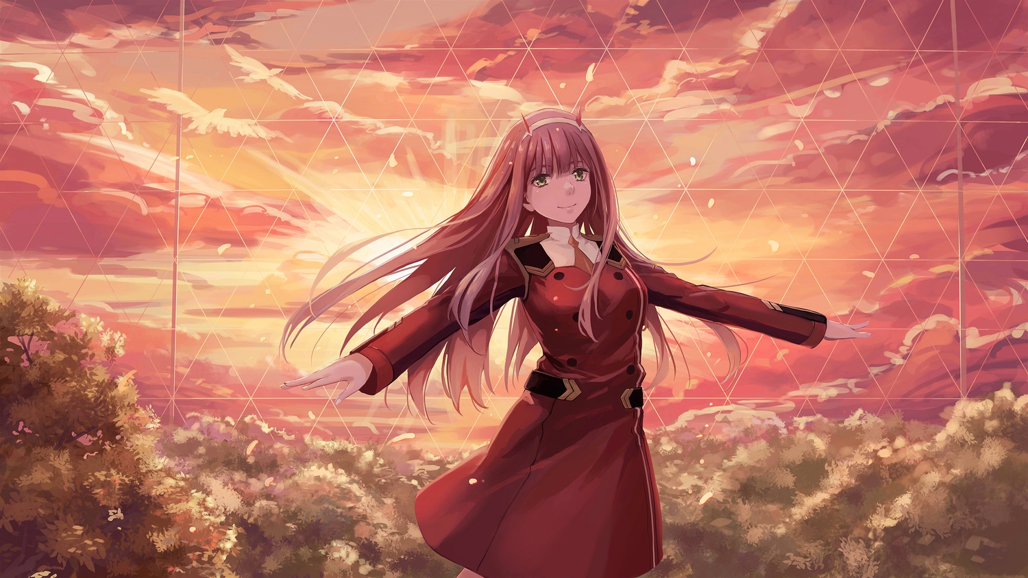 darling_in_the_franxx, dress, green_eyes, headband, horns, long_hair, pink_hair, redpoke, zero_two