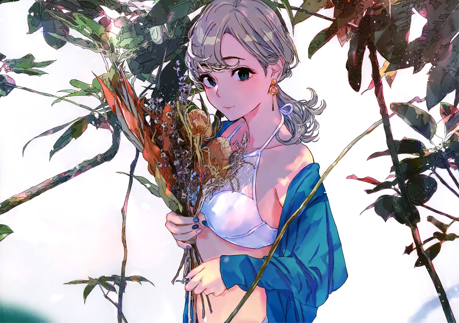 bikini_top, blue_eyes, flowers, gray_hair, long_hair, ponkan_eight, scan