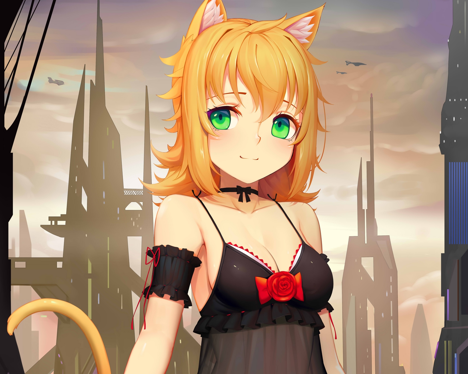 aircraft, animal_ears, blush, breasts, building, catgirl, choker, city, cleavage, clouds, cropped, green_eyes, orange_hair, original, see_through, short_hair, sonikey0_0, tail
