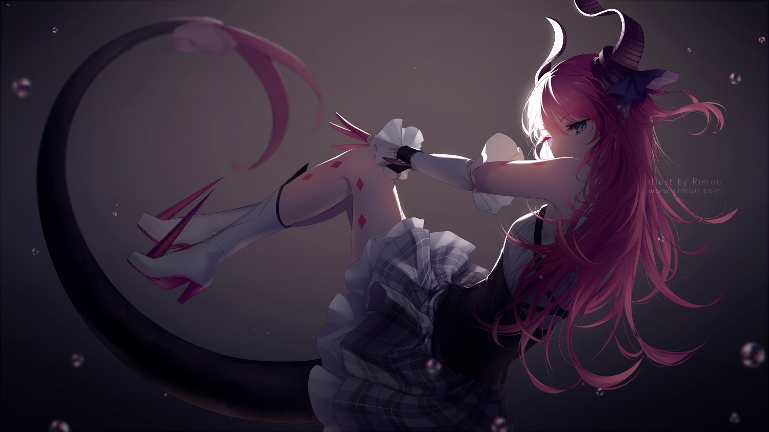 blue_eyes, boots, elizabeth_bathory_(fate), fate/grand_order, fate_(series), horns, long_hair, pink_hair, rimuu, skirt, tail, watermark