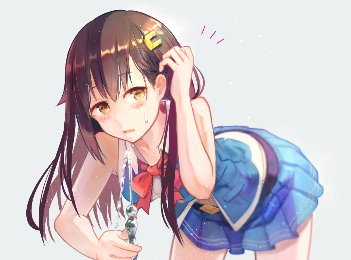 blush, bow, brat, brown_hair, hololive, long_hair, school_uniform, skirt