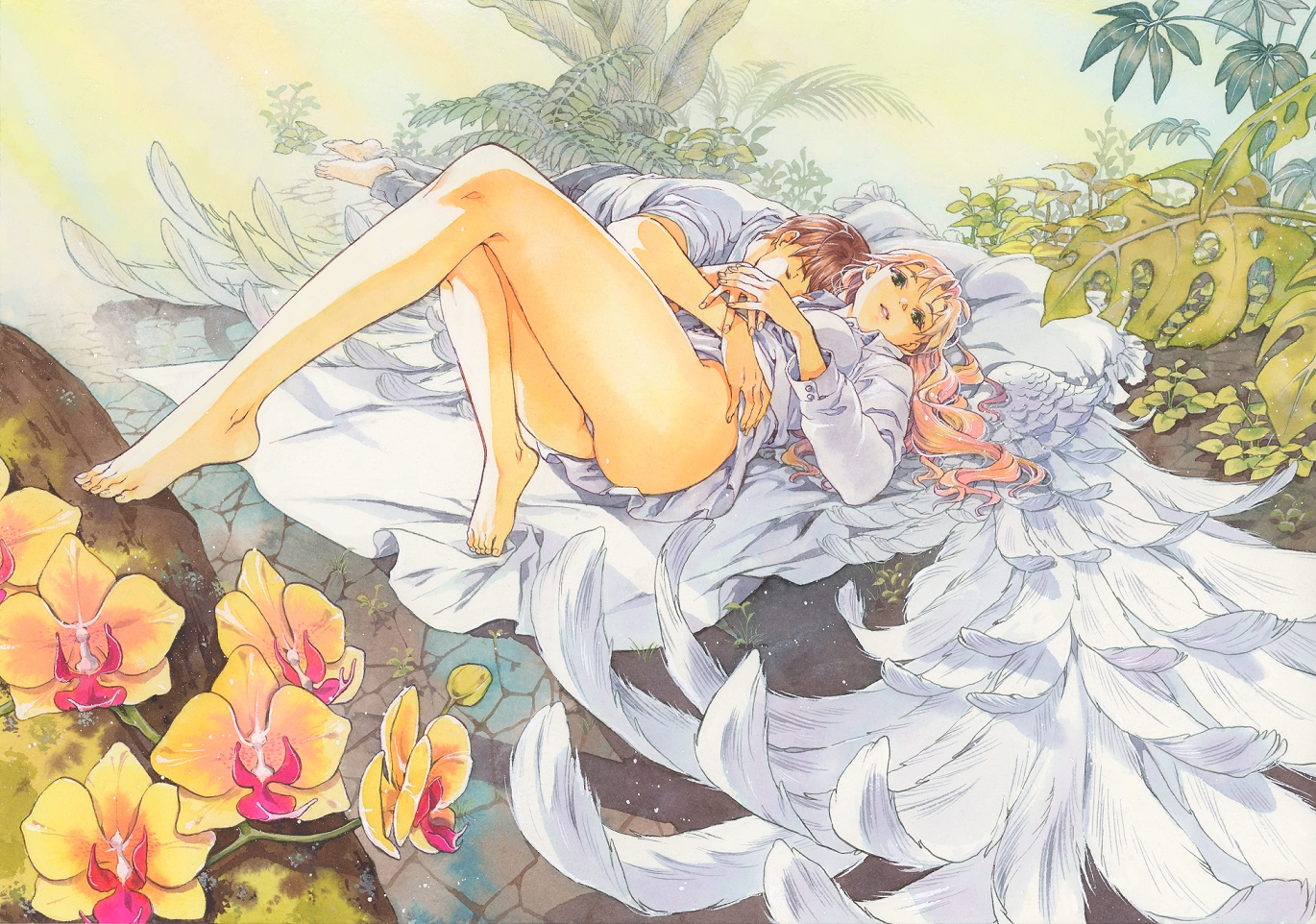 angel, barefoot, brown_hair, dress, flowers, long_hair, male, oldschool-girl, original, panties, pink_hair, short_hair, sleeping, underwear, wings, yellow_eyes