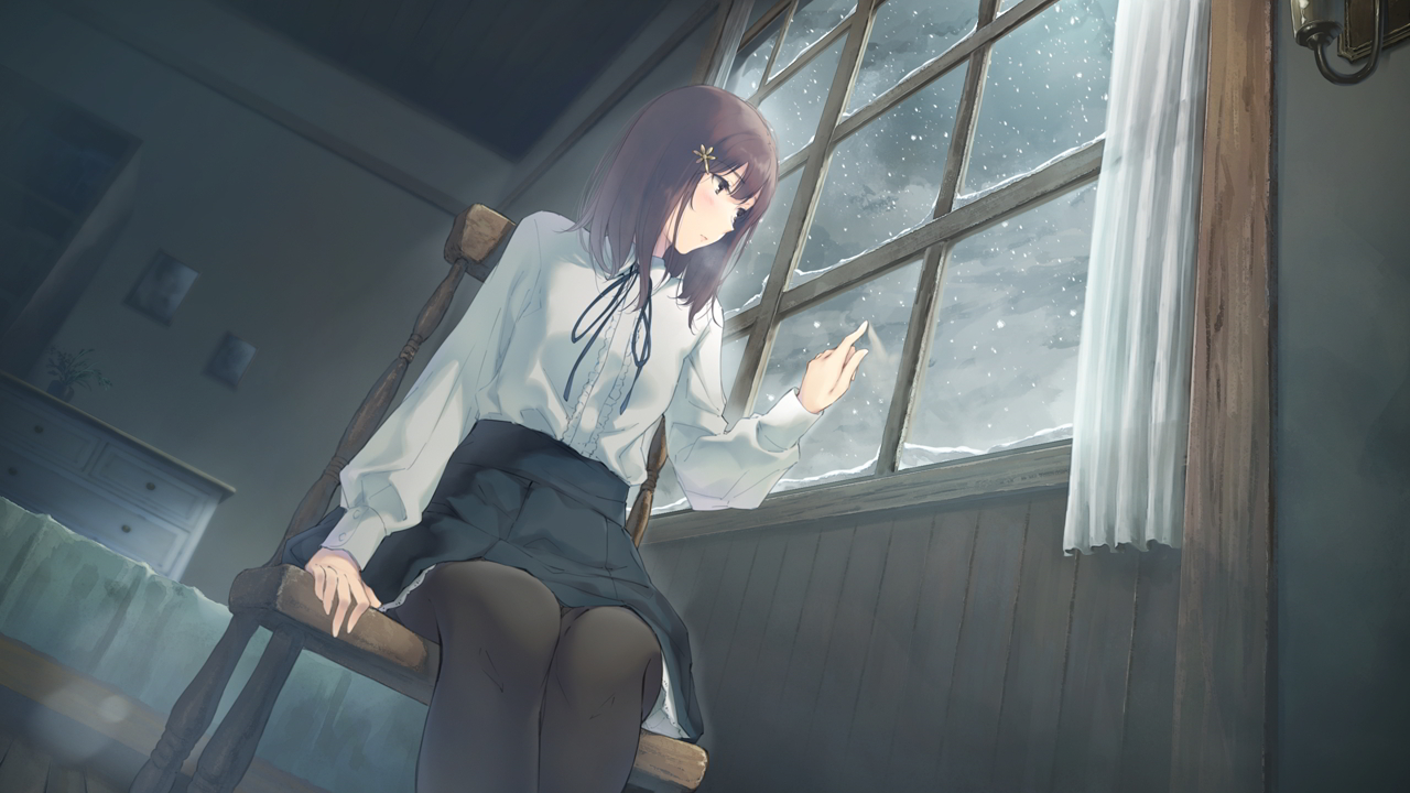 bed, brown_eyes, brown_hair, clouds, flowers_(game), kousaka_mayuri, long_hair, pantyhose