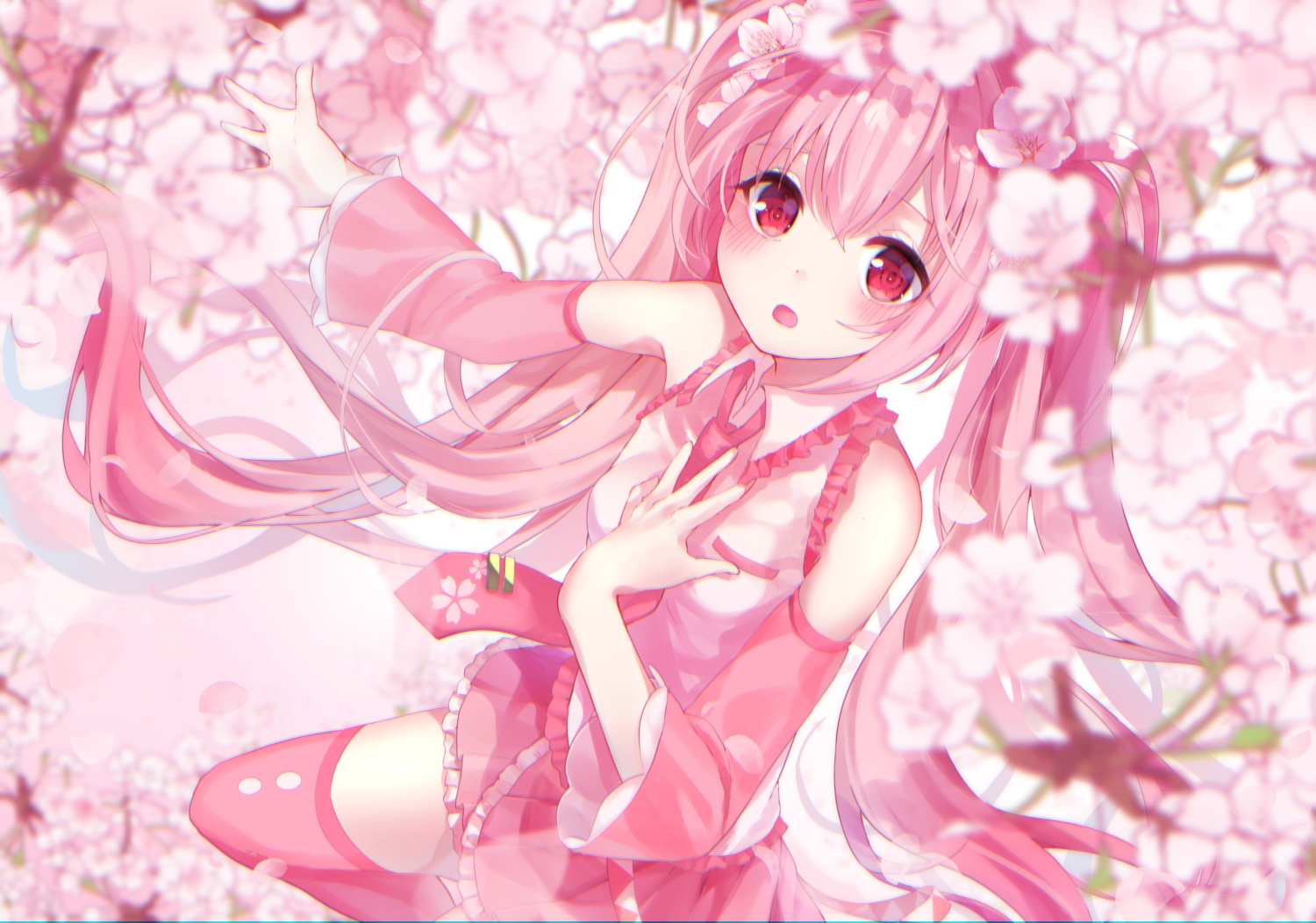 cherry_blossoms, flowers, fuyu_(xxfylia), hatsune_miku, long_hair, pink_eyes, pink_hair, sakura_miku, twintails, vocaloid
