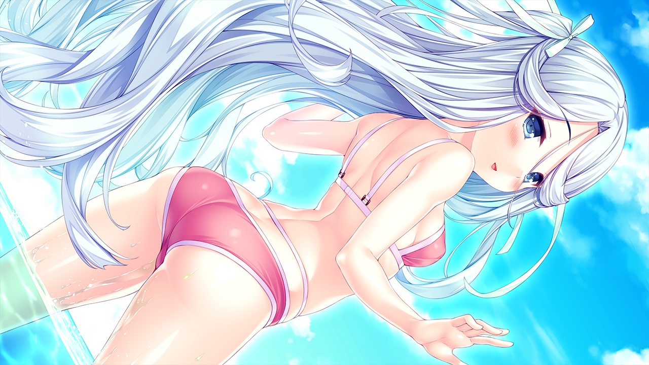 aqua_eyes, ass, bikini, blonde_hair, blush, breasts, game_cg, karen_(tropical_liquor), sayori, sideboob, swimsuit, tentacle_games, tropical_liquor, white_hair