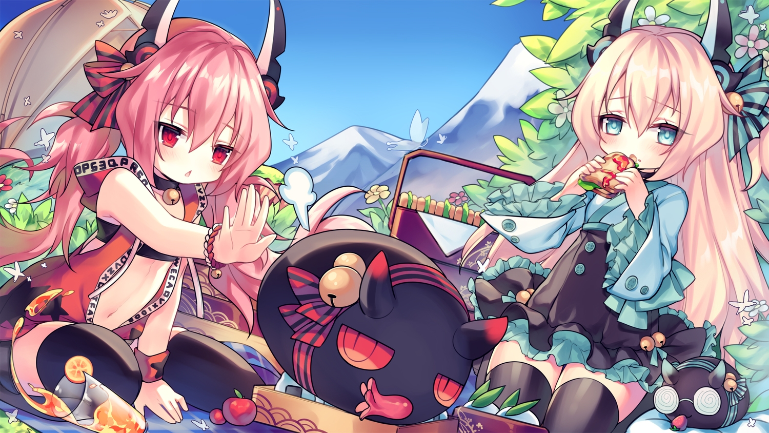 2girls, animal, anthropomorphism, ao_jun, apple, aqua_eyes, azur_lane, bell, blonde_hair, butterfly, collar, dress, drink, flowers, food, fruit, hamakaze_(azur_lane), hood, horns, japanese_clothes, loli, lolita_fashion, long_hair, navel, pink_hair, red_eyes, sky, tanikaze_(azur_lane), thighhighs, twintails