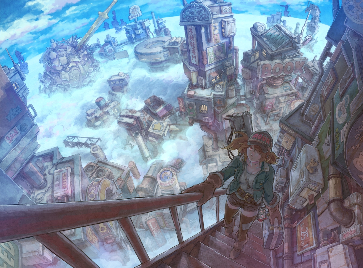 building, clouds, hat, junpei_(juntonanotukunanika), original, stairs