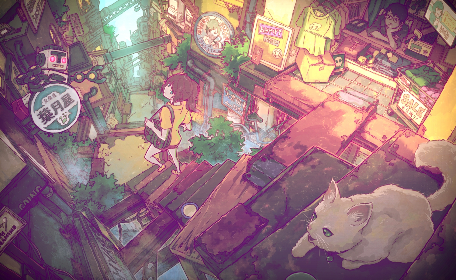 animal, building, cat, junpei_(juntonanotukunanika), male, original, ponytail, stairs