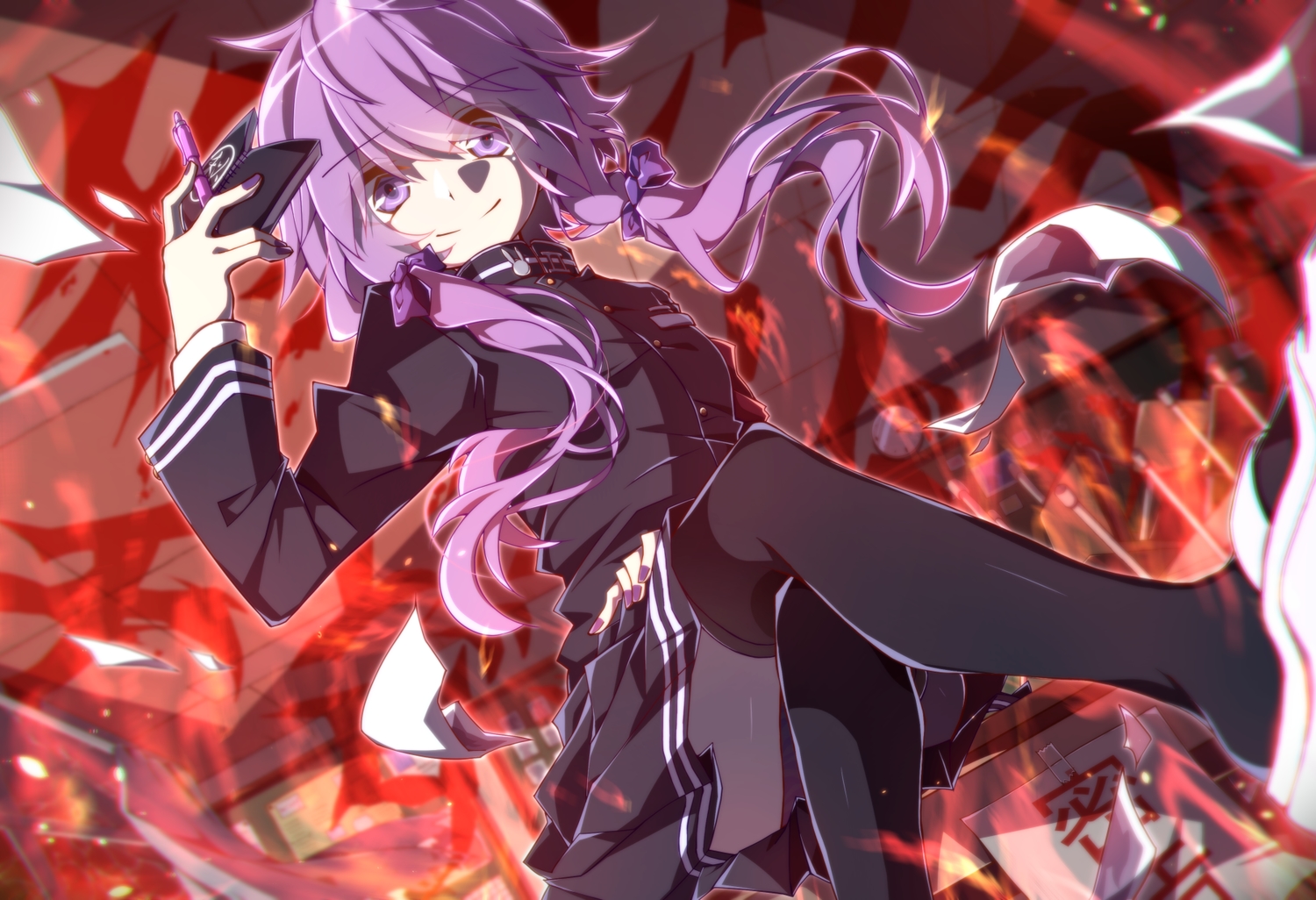 aosaki_yato, purple_eyes, purple_hair, school_uniform, skirt, thighhighs, vocaloid, voiceroid