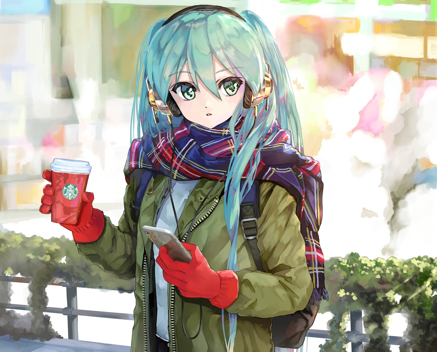 drink, gloves, hatsune_miku, headphones, phone, scarf, takepon1123, vocaloid