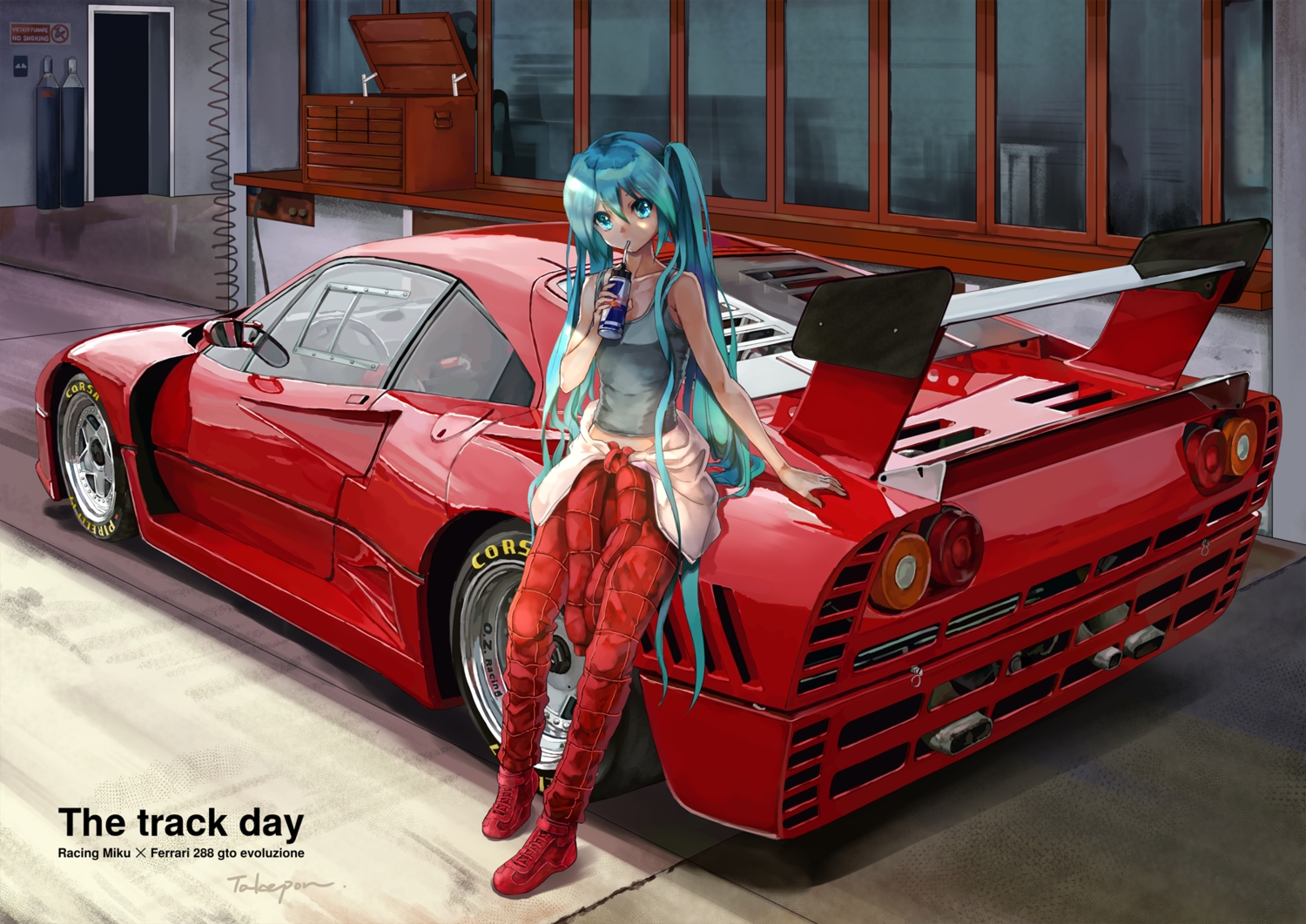 blue_eyes, blue_hair, bodysuit, building, car, hatsune_miku, long_hair, takepon1123, twintails, vocaloid