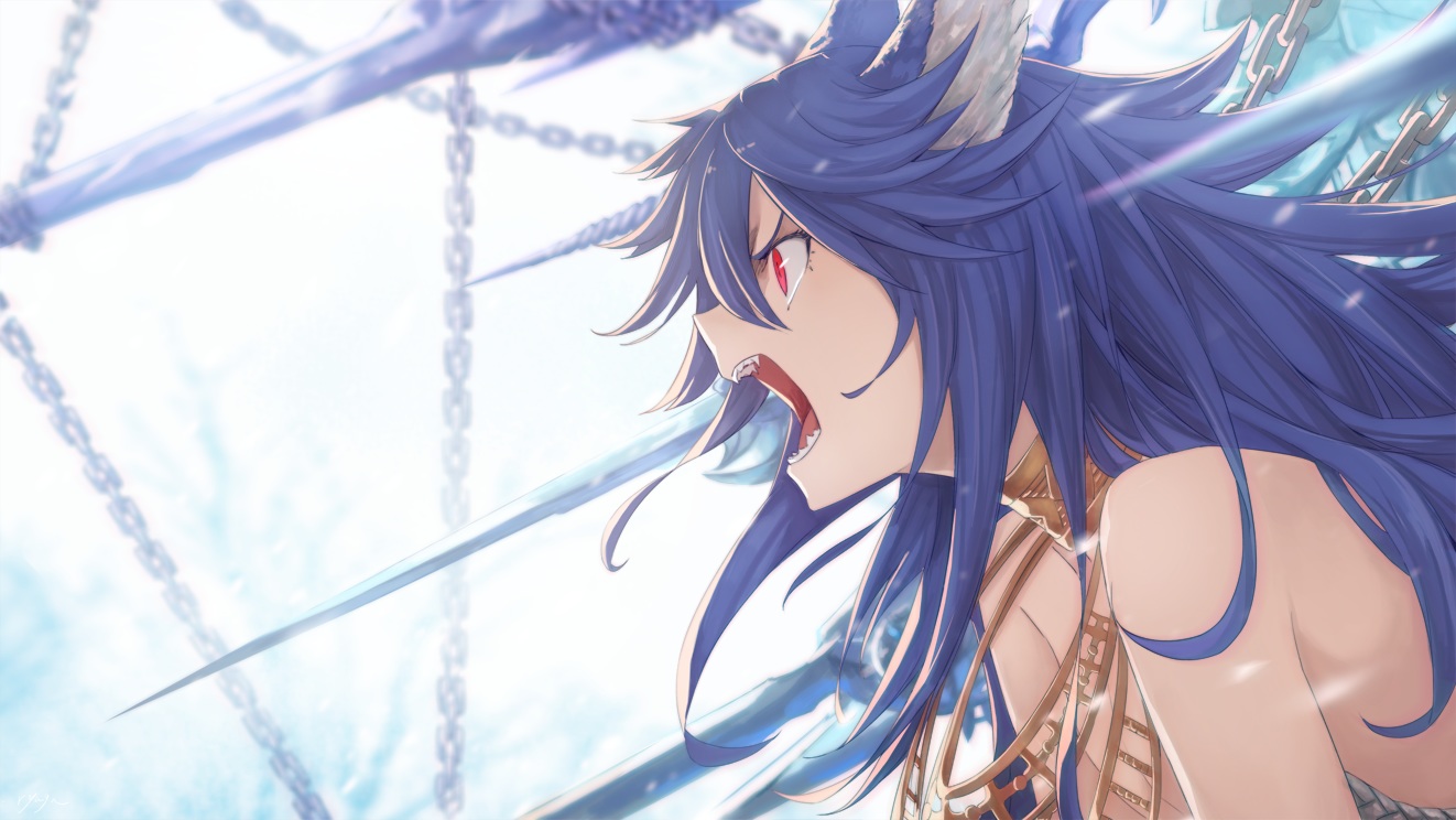 animal_ears, blue_hair, chain, fenrir, granblue_fantasy, long_hair, red_eyes, ryuga_(balius)