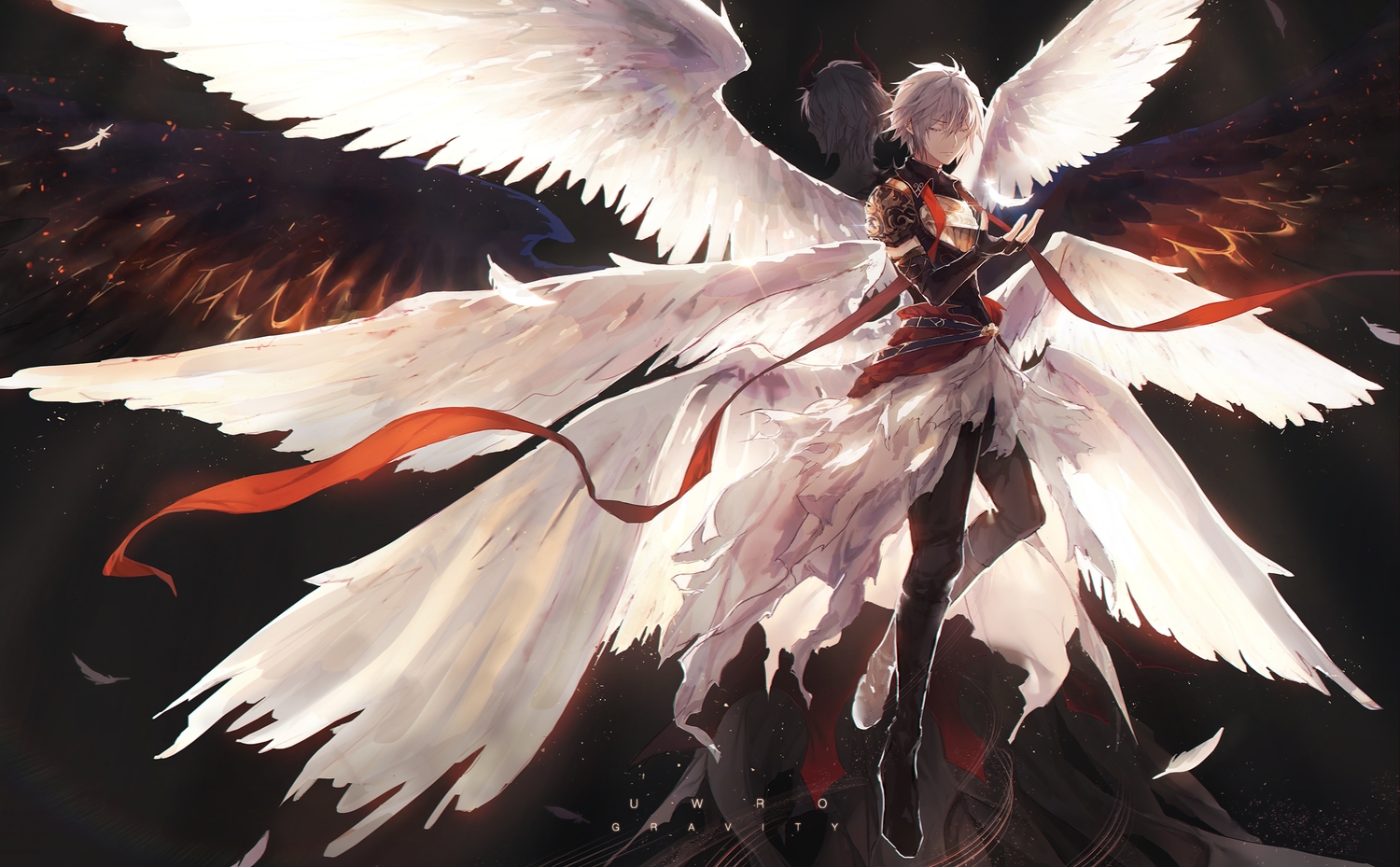 all_male, elbow_gloves, feathers, gloves, granblue_fantasy, horns, lucifer_(granblue_fantasy), male, scarf, short_hair, uwro, watermark, white_hair, wings