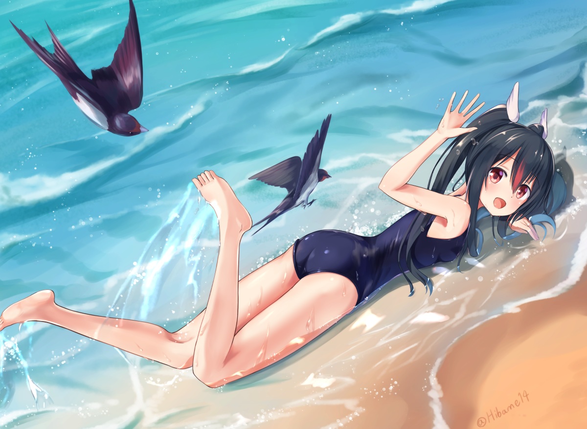 akabane_hibame, animal, ass, barefoot, beach, bird, black_hair, brown_eyes