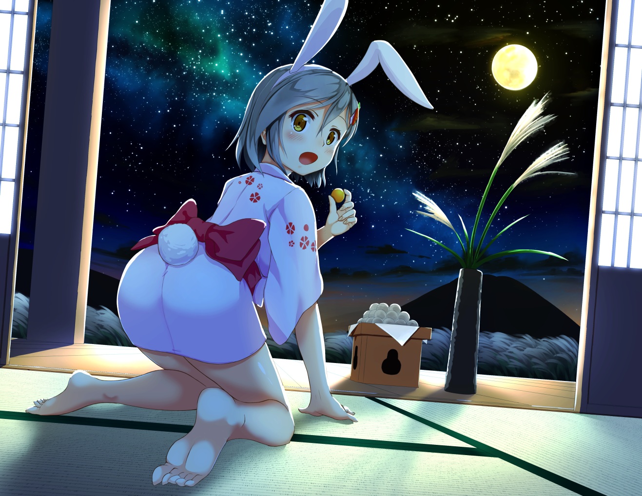 animal_ears, barefoot, blush, bow, bunny_ears, bunnygirl, food, ginger_(syoga)