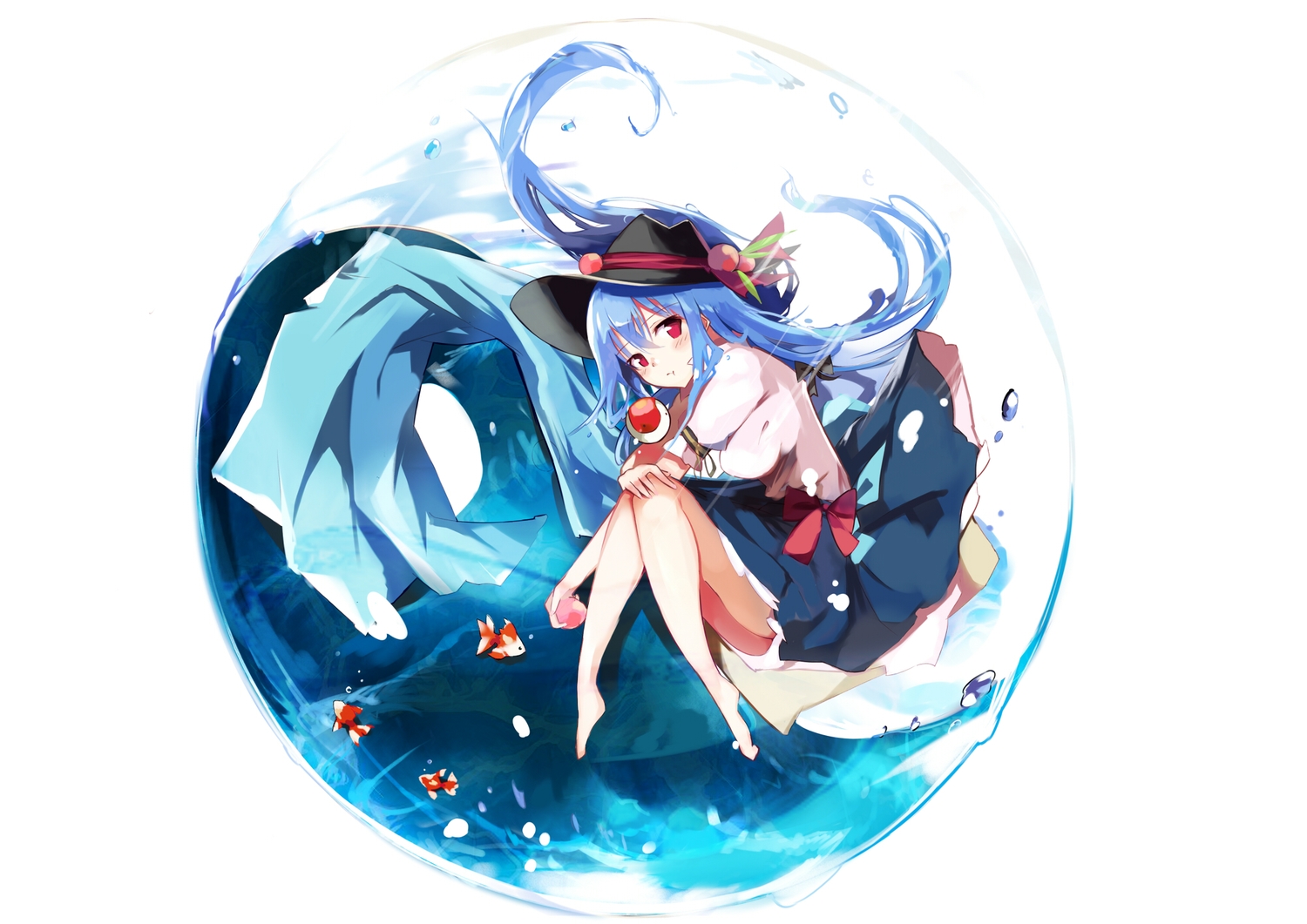 animal, aqua_hair, bow, fish, hat, hinanawi_tenshi, long_hair, red_eyes