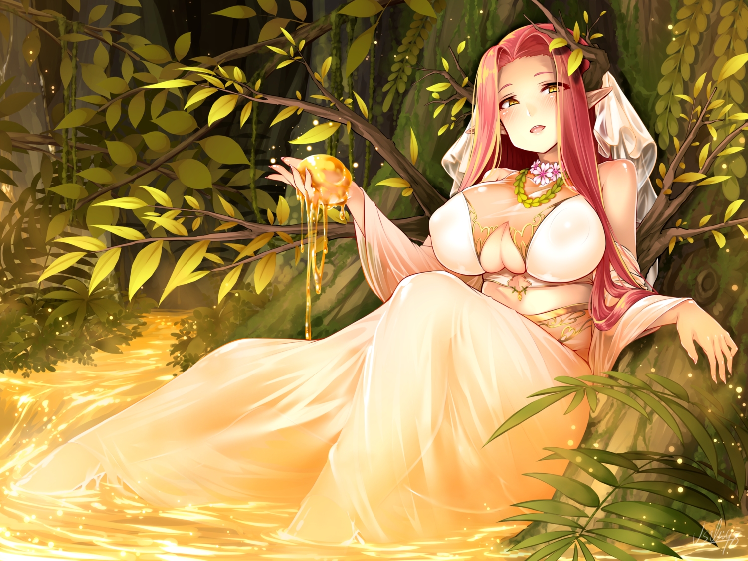 breasts, cleavage, dress, flowers, horns, necklace, original, pointed_ears