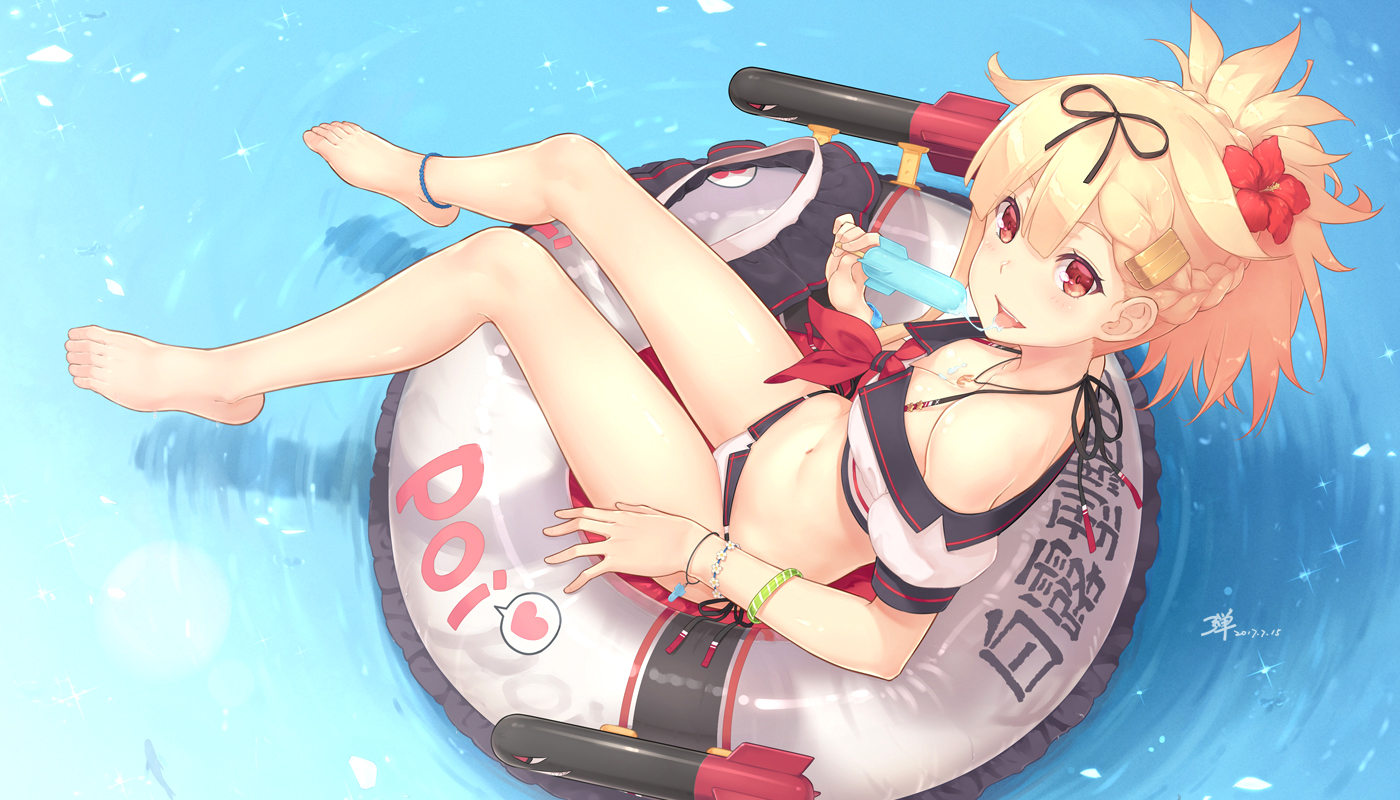 anthropomorphism, barefoot, bikini, blonde_hair, braids, breasts, dan_(kumadan), kantai_collection, ponytail, popsicle, red_eyes, short_hair, signed, swim_ring, swimsuit, water, wristwear, yuudachi_(kancolle)