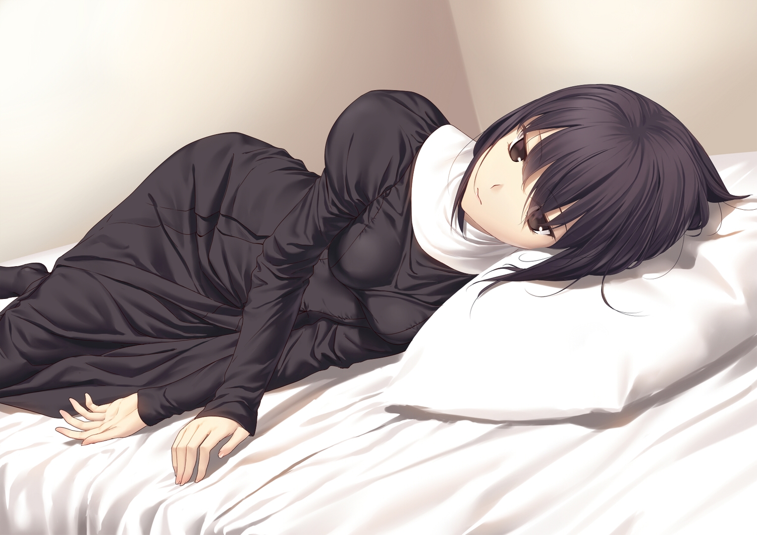 bed, black_eyes, black_hair, dress, kukuri_(ahagon), kuonji_alice, mahou_tsukai_no_yoru, short_hair