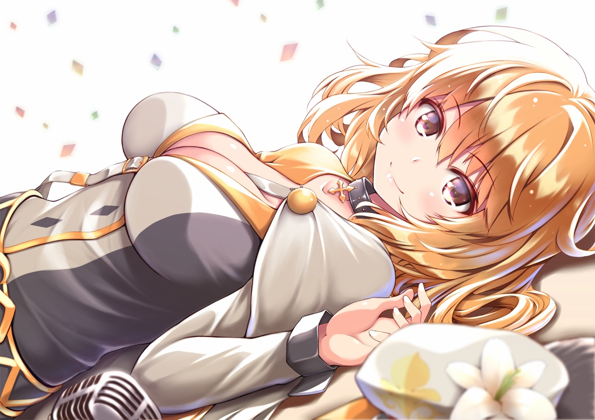 anthropomorphism, big_wednesday, blonde_hair, breasts, brown_eyes, choker, cleavage, close, cross, flower_knight_girl, flowers, microphone, short_hair, yuri_(flower_knight_girl)