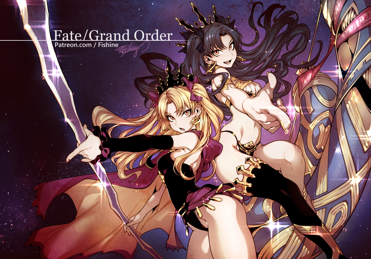 2girls, bikini, black_hair, blonde_hair, bodysuit, ereshkigal_(fate/grand_order), fate/grand_order, fate_(series)