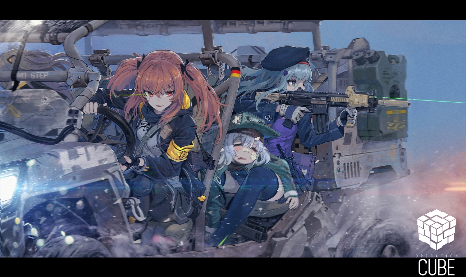 anthropomorphism, combat_vehicle, g11_(girls_frontline), girls_frontline, group, gun, hk416_(girls_frontline), ladic