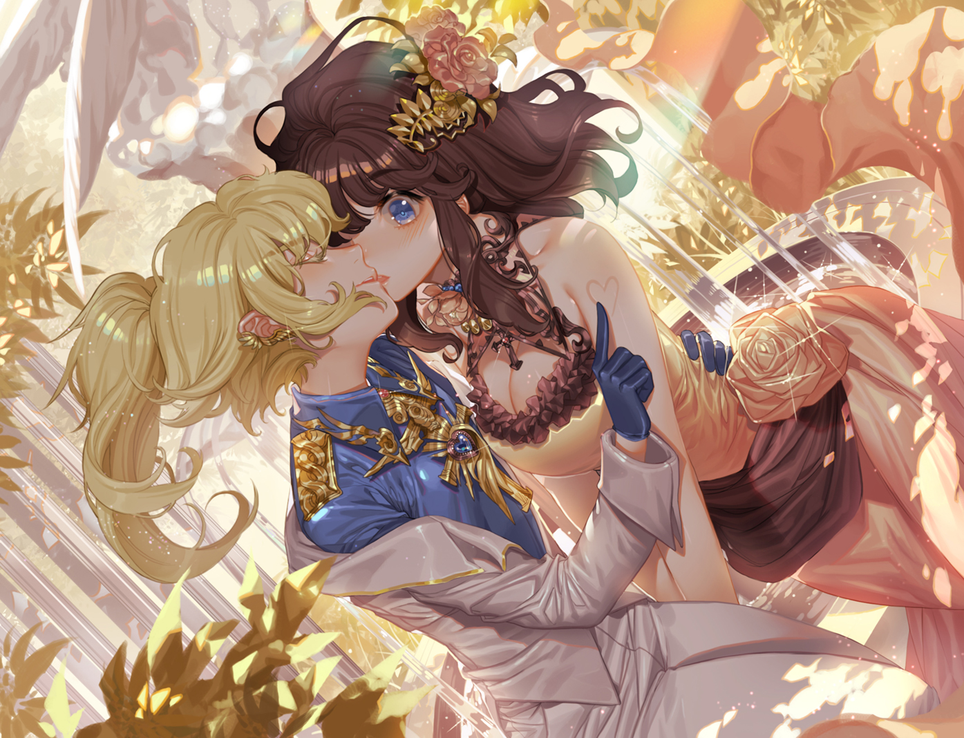 2girls, blonde_hair, blue_eyes, blush, breasts, brown_hair, cleavage, cross