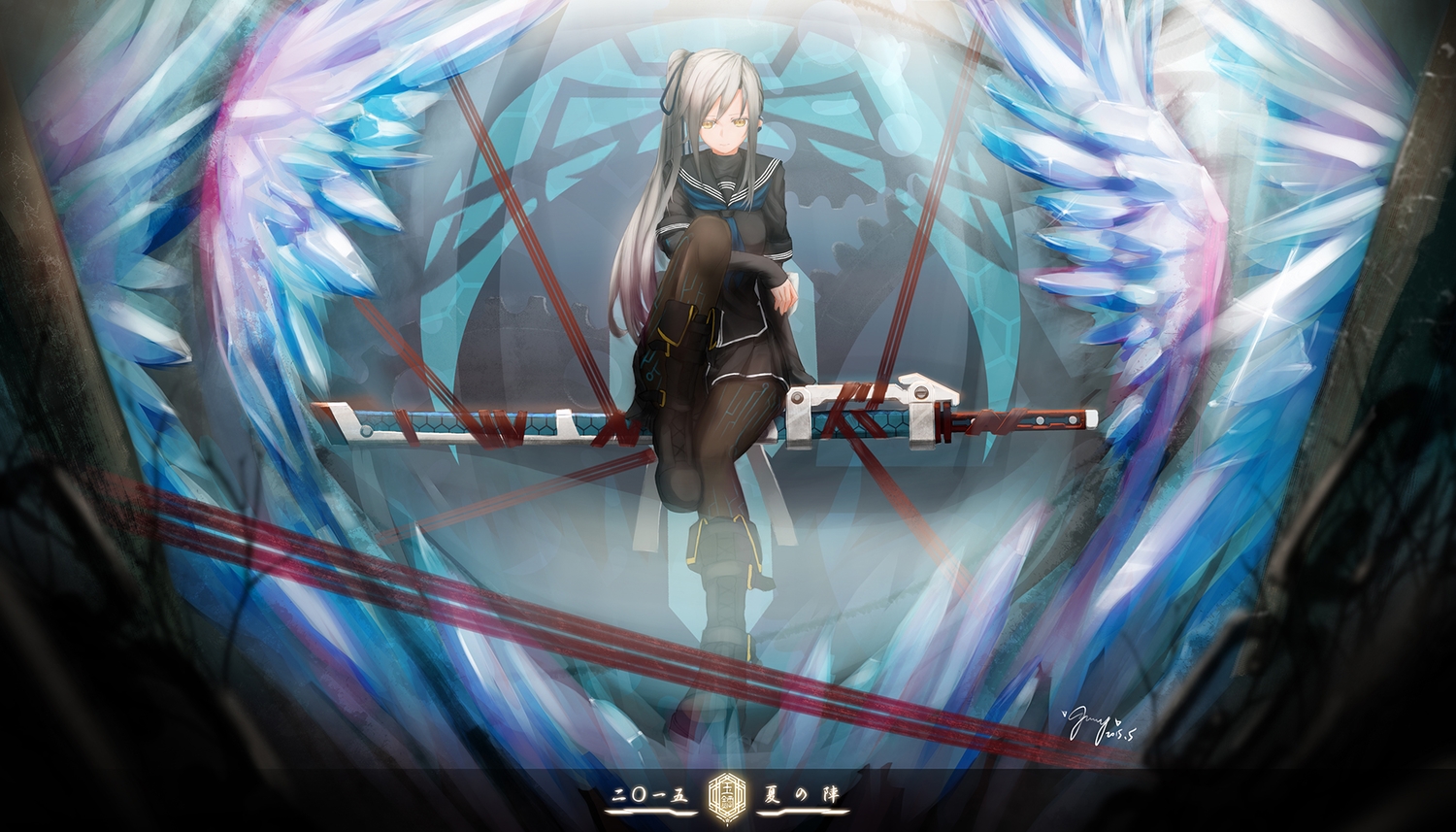 boots, cang_yue_xue_feng, gray_hair, katana, long_hair, original, pantyhose, ponytail