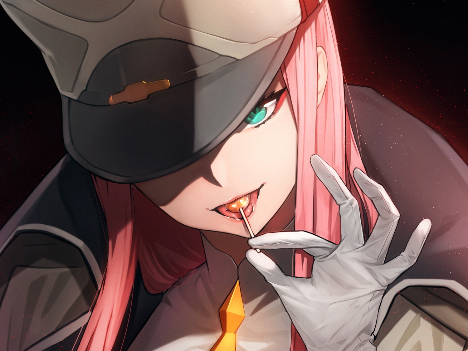 candy, close, cropped, darling_in_the_franxx, fpanda, gloves, green_eyes, hat, lollipop, long_hair, pink_hair, uniform, zero_two
