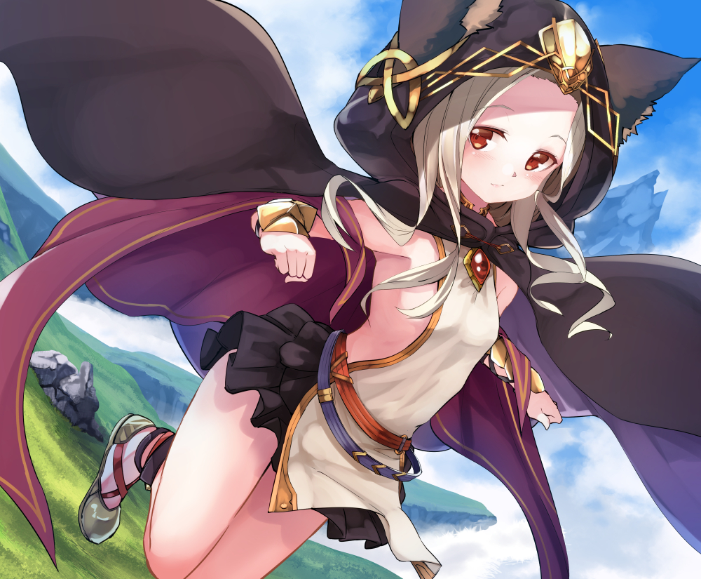 animal_ears, blonde_hair, cape, clouds, granblue_fantasy, hood, loli, long_hair
