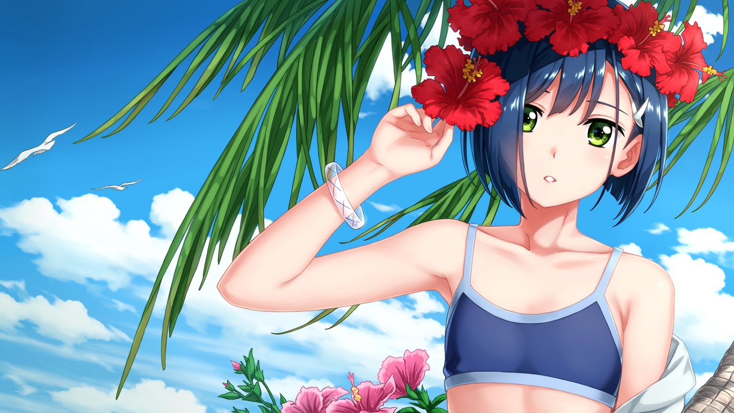 animal, bikini_top, bird, blue_hair, close, clouds, darling_in_the_franxx, flowers
