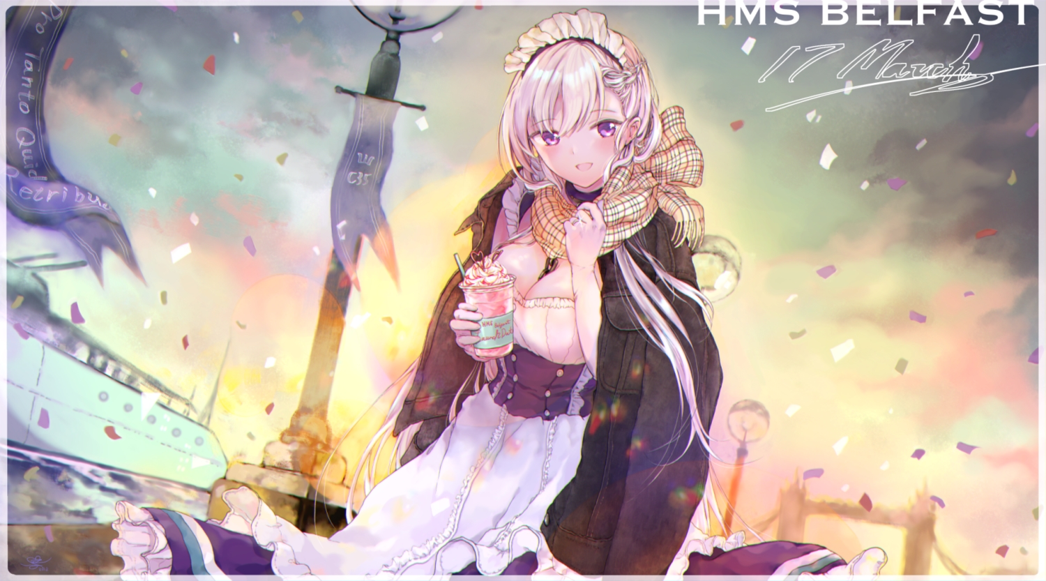 anthropomorphism, azur_lane, belfast_(azur_lane), braids, breasts, chain, cleavage, drink, headdress, long_hair, maid, purple_eyes, scarf, signed, tsunano_(koi_pink), white_hair